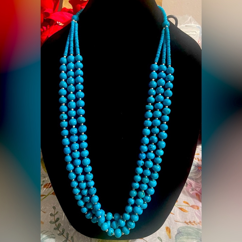 Statement Turquoise Wood Bead Layered Necklace - image 1